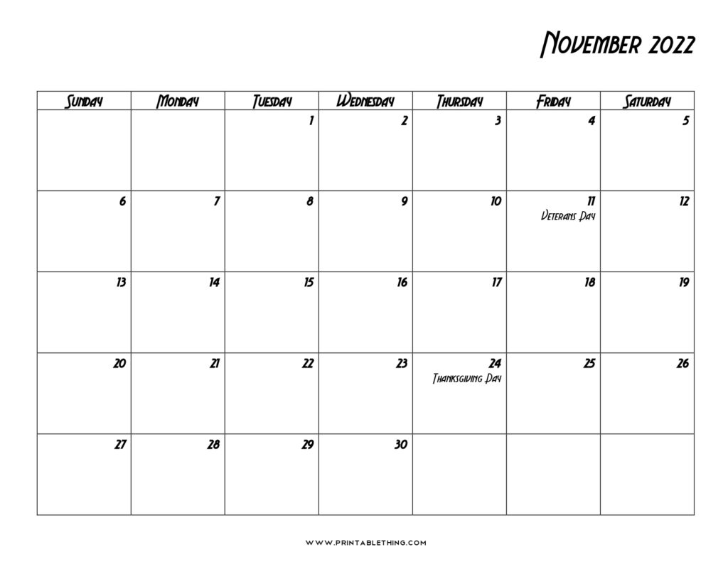 20 November 2022 Calendar Printable US Holidays Blank Free PDF