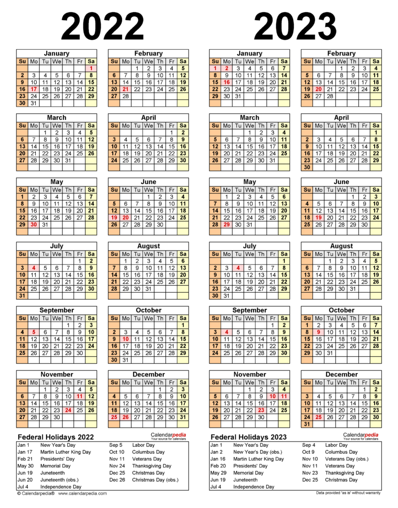 2022 2023 Two Year Calendar Free Printable Word Templates