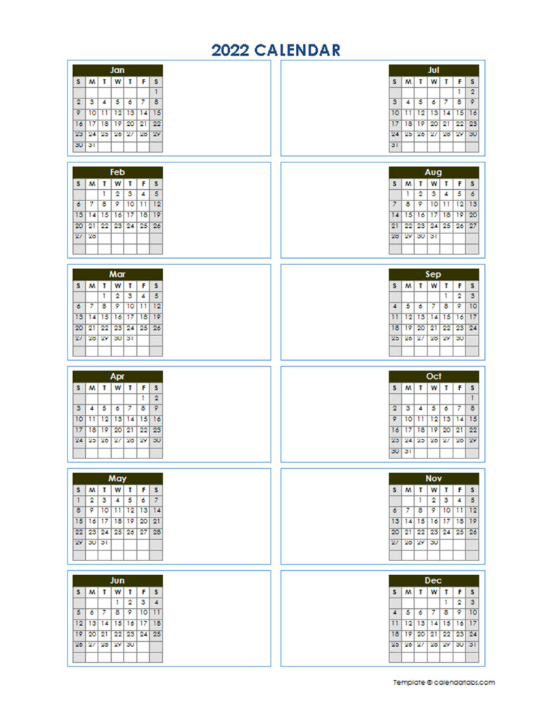 2022 Blank Yearly Calendar Template Vertical Design Free Printable 