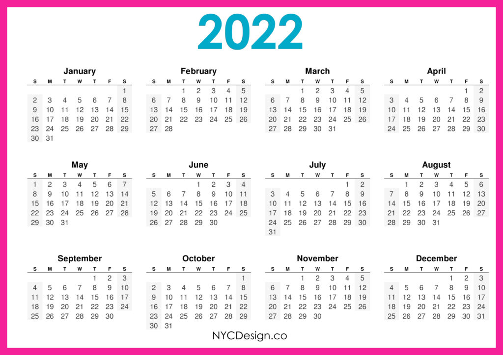 2022 Calendar Printable Free Horizontal Pink HD Sunday Start 