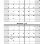 2022 Word Calendar Template Two Months In One Page Free Printable