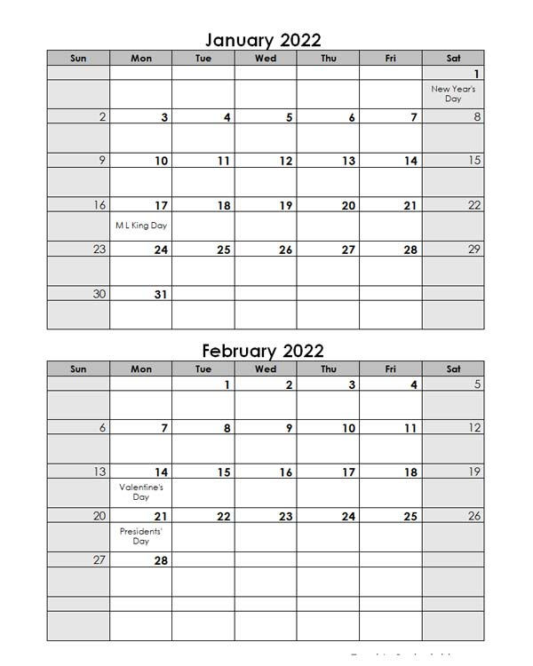 2022 Word Calendar Template Two Months In One Page Free Printable 