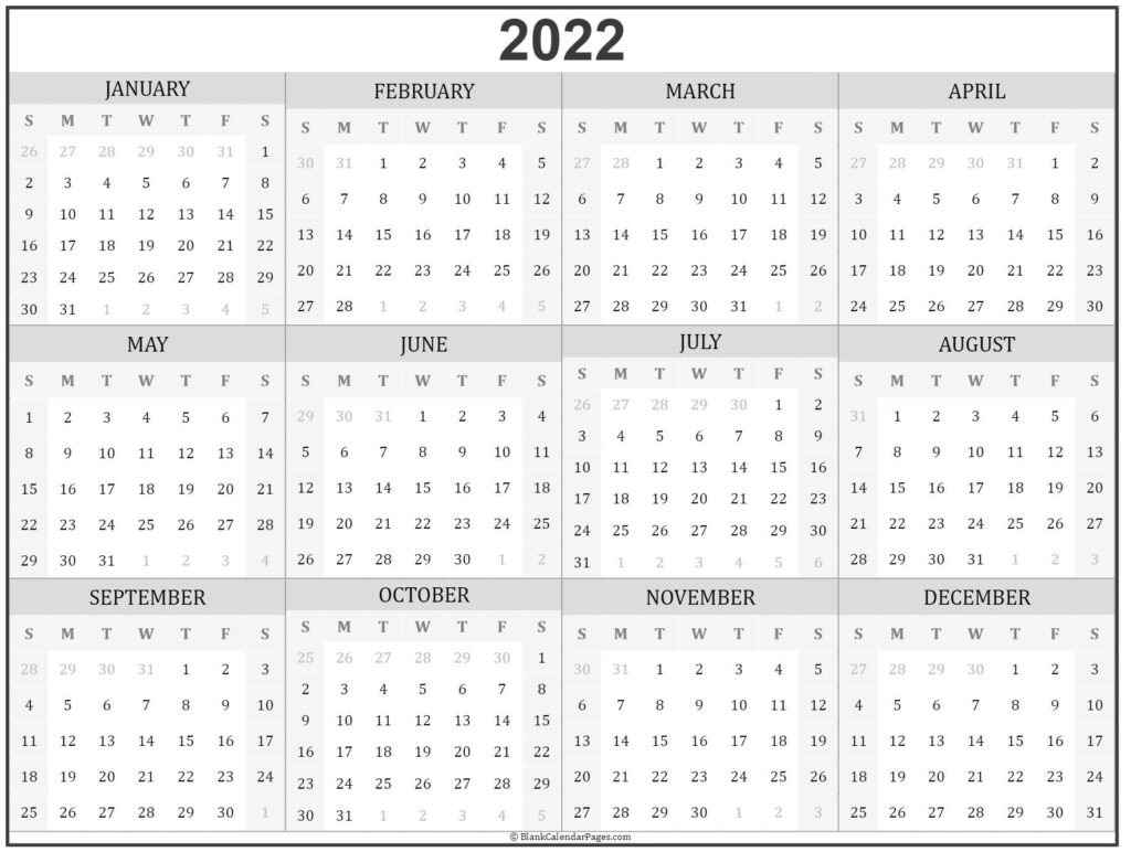 2022 Year Calendar Yearly Printable