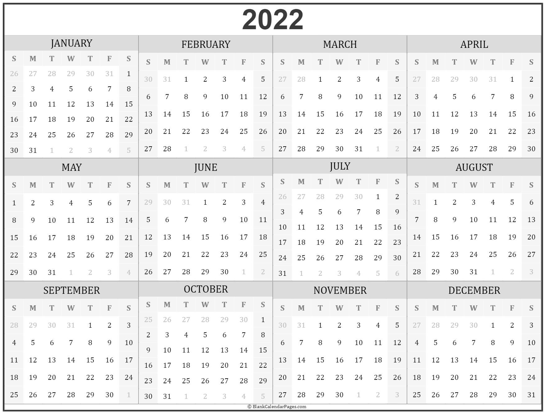 2022 Year Calendar Yearly Printable