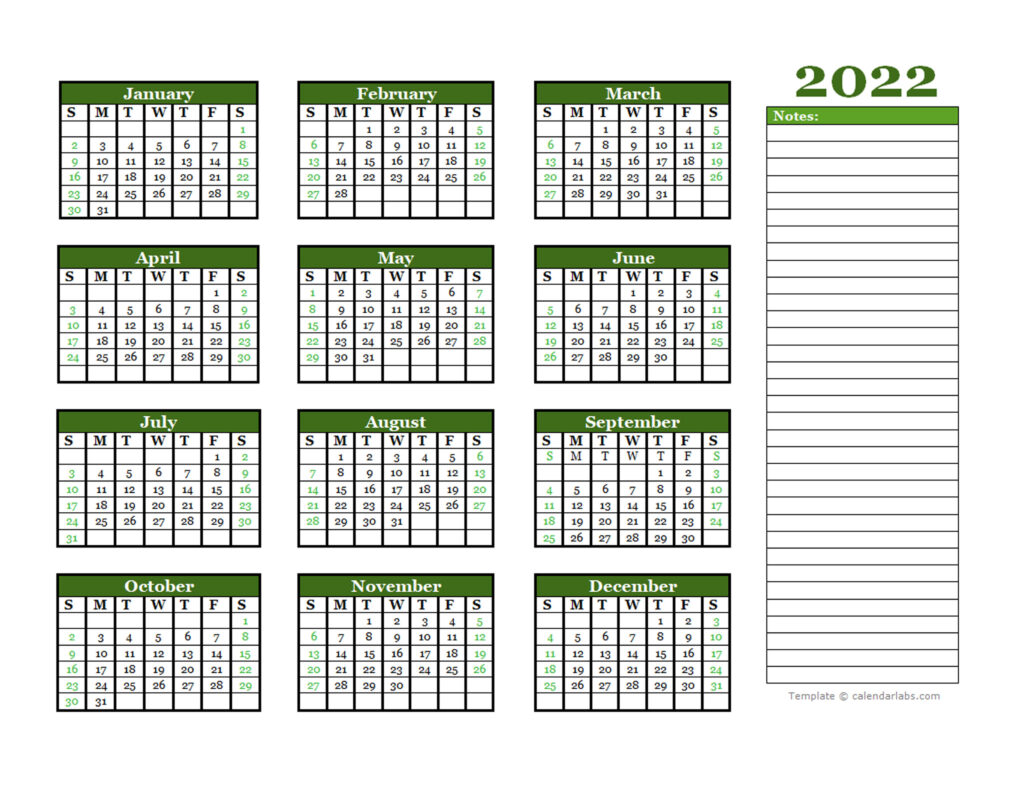 2022 Yearly Calendar With Blank Notes Free Printable Templates