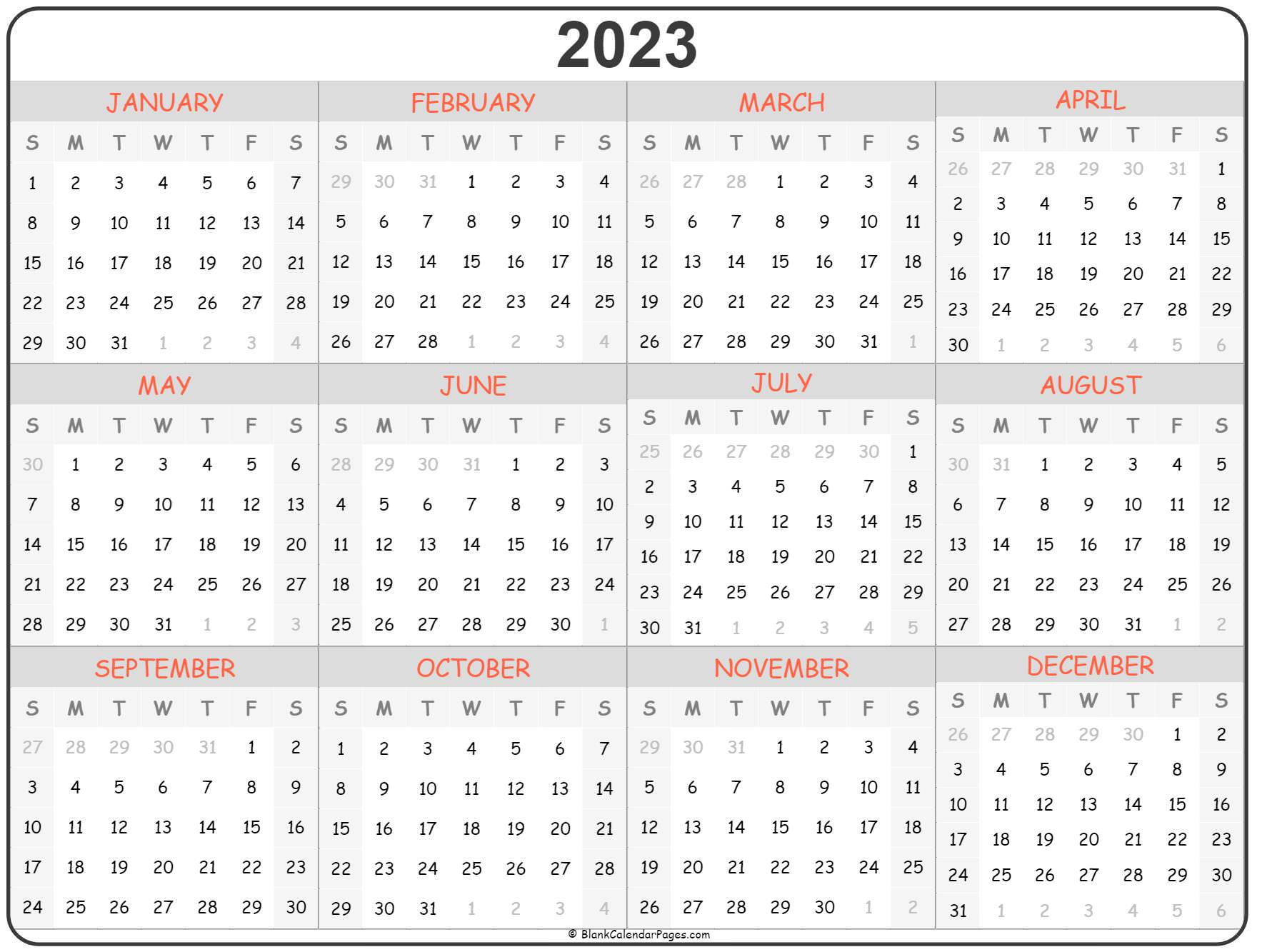 2023 Year Calendar Yearly Printable