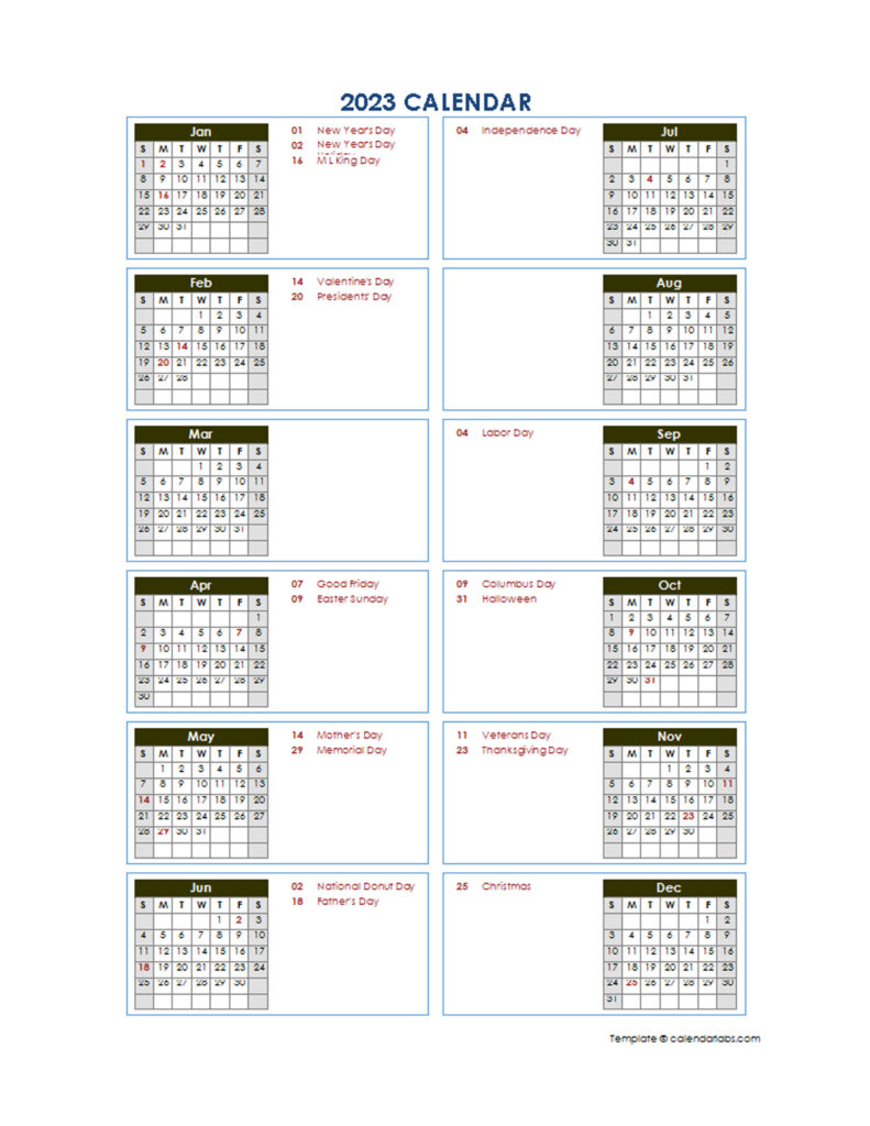 2023 Yearly Calendar Template Vertical Design Free Printable Templates