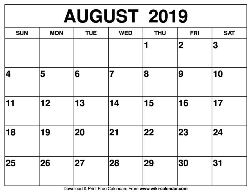 August 2019 Calendar August Calendar Editable Calendar Fillable 