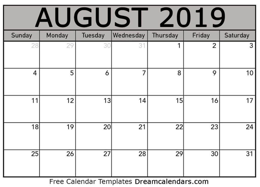 August 2019 Calendar Free Blank Printable Templates