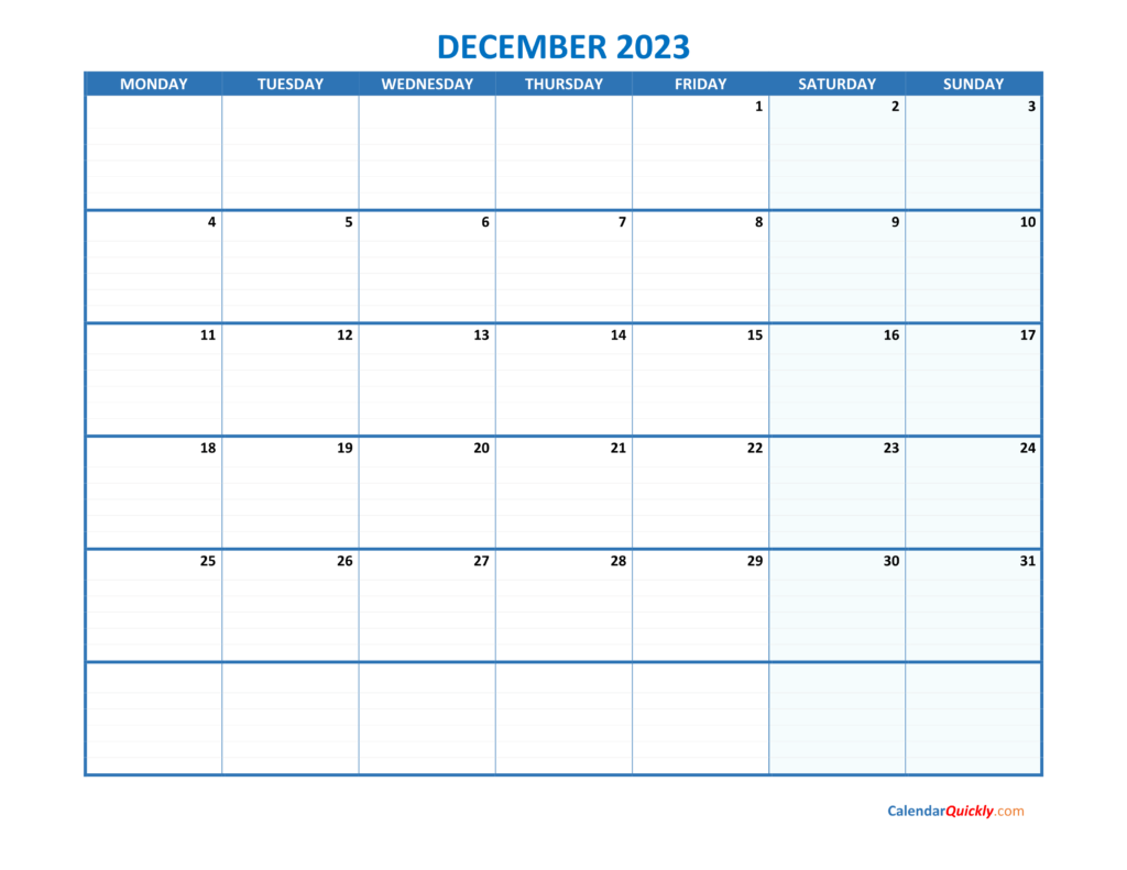 December Monday 2023 Blank Calendar Calendar Quickly