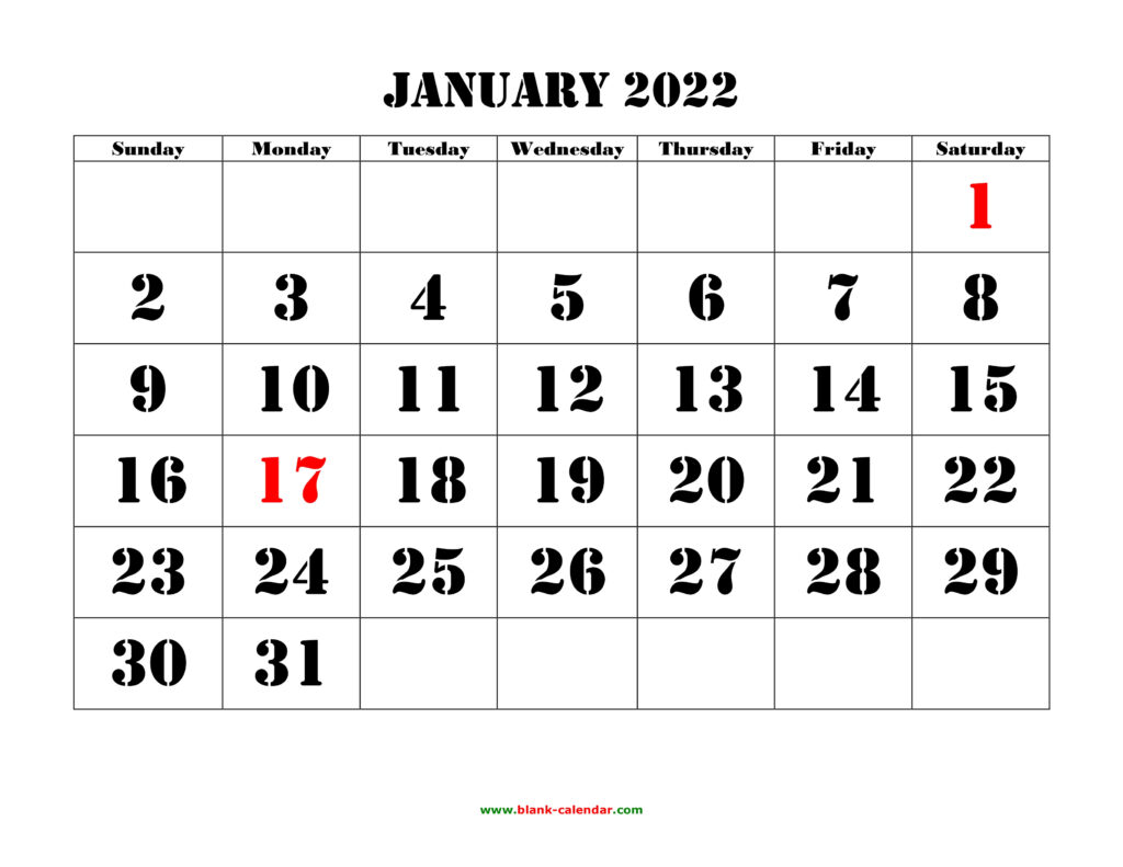 Free Download Printable Calendar 2022 Large Font Design Holidays On Red