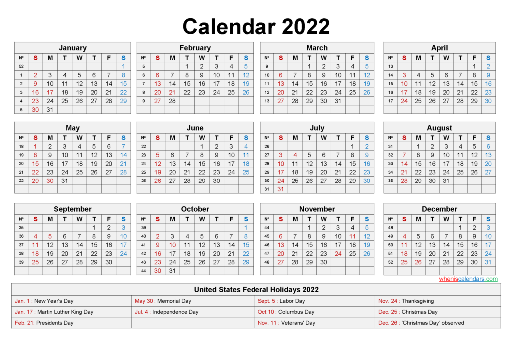 Free Printable Yearly 2022 Calendar With Holidays As Word PDF