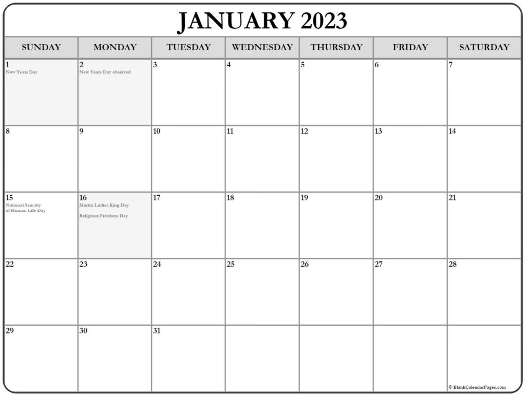 January 2023 Calendar With Holidays