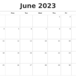 June 2023 Blank Monthly Calendar