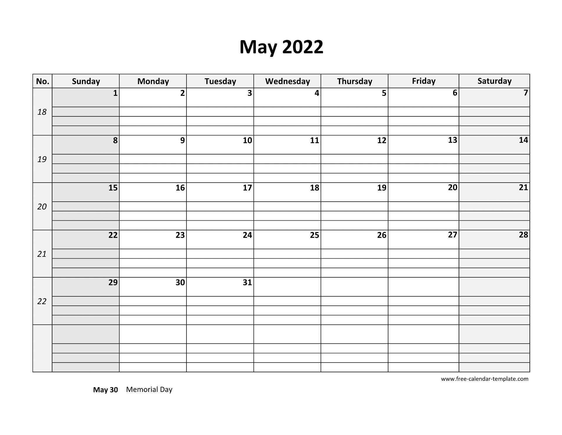 May 2022 Calendar Free Printable With Grid Lines Designed horizontal