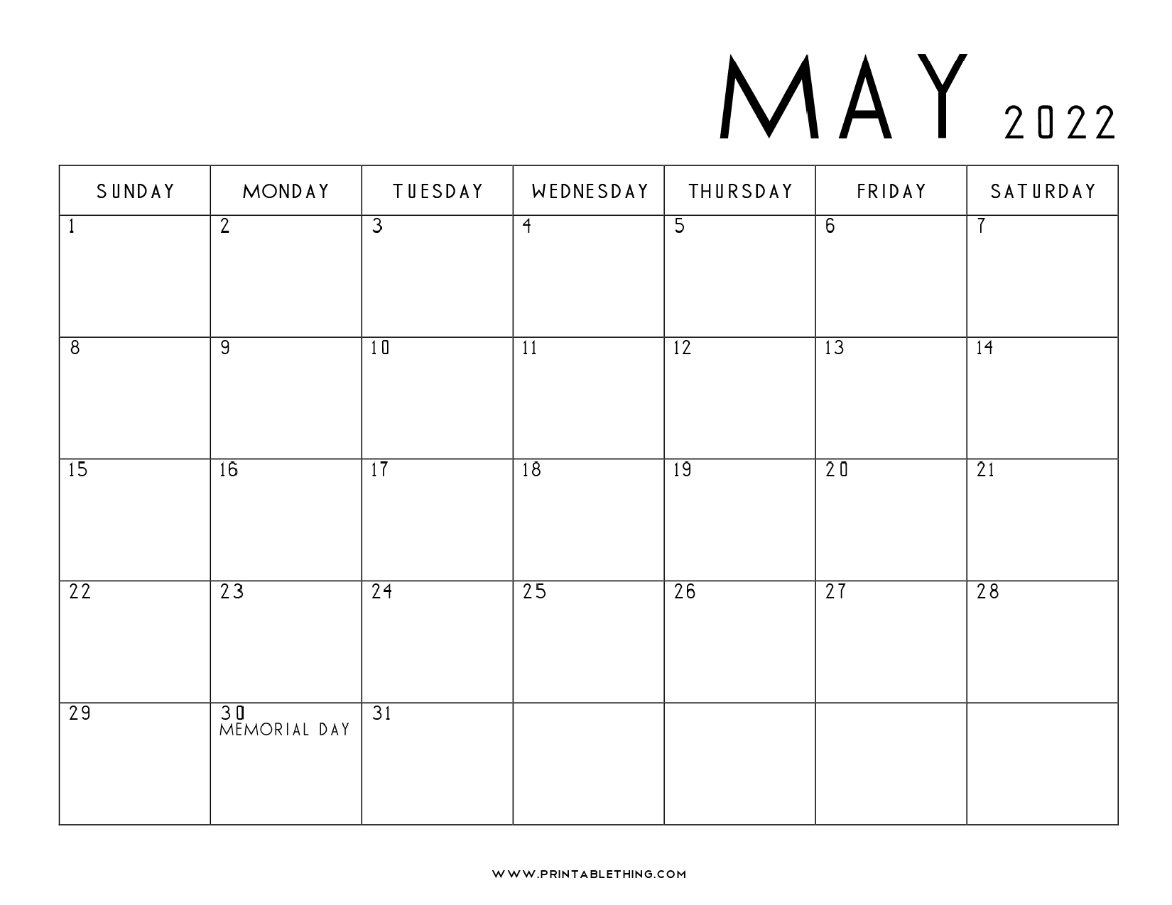 Free Printable Blank May 2022 Calendar 2023 - FreeBlankCalendar.com