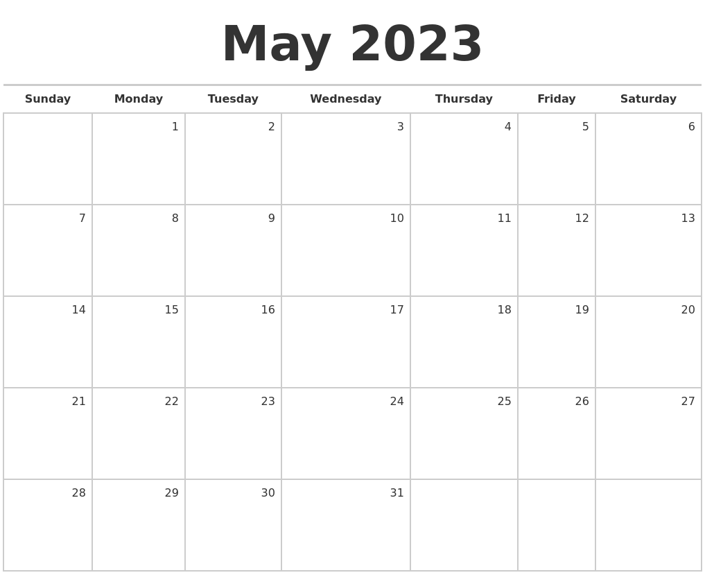 May 2023 Blank Monthly Calendar