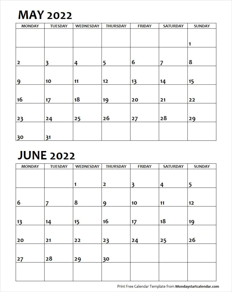 May June 2022 Calendar Monday Start Editable Two Months Template