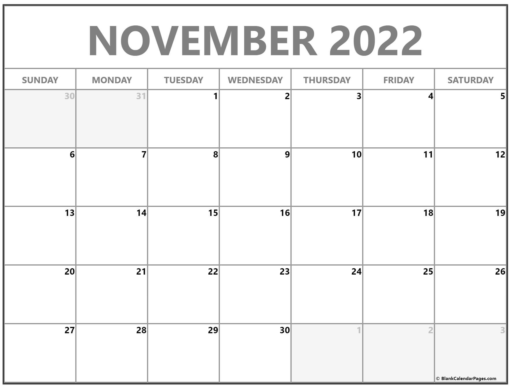 Free Calendar Template November 2022 Editable