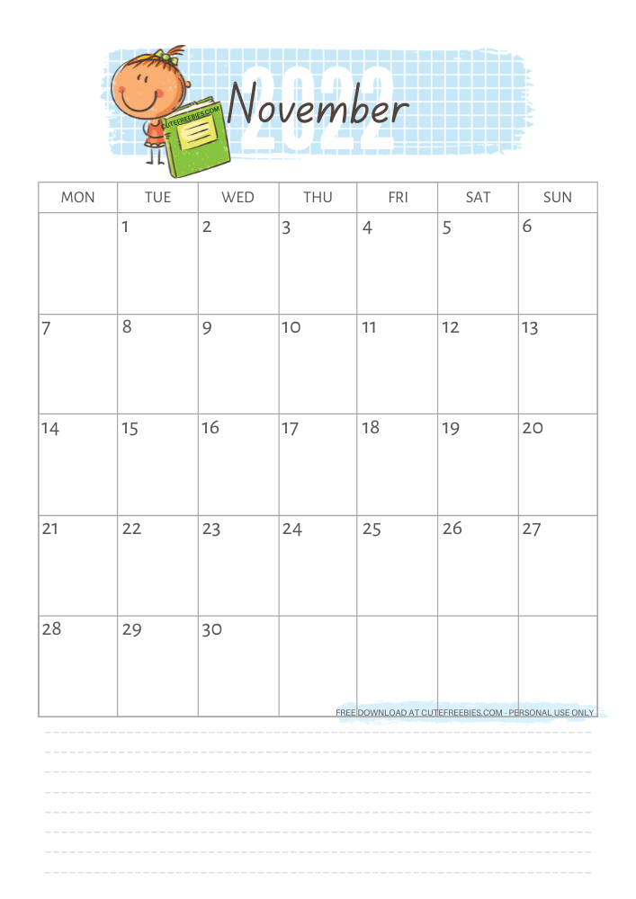 November 2022 kids calendar printable Cute Freebies For You