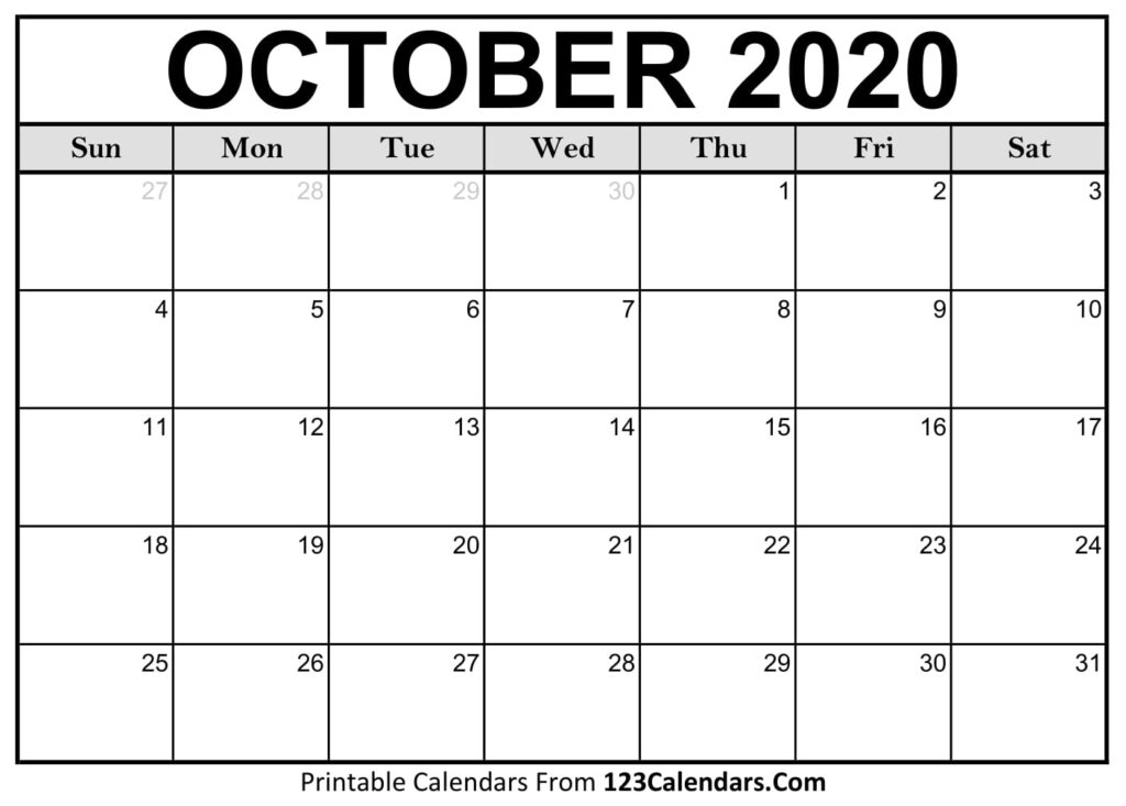 October 2020 Printable Calendar 123Calendars