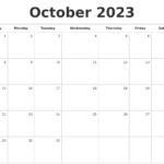 October 2023 Blank Monthly Calendar