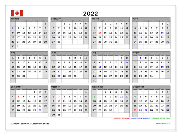 Printable 2022 Canada Calendar Michel Zbinden EN