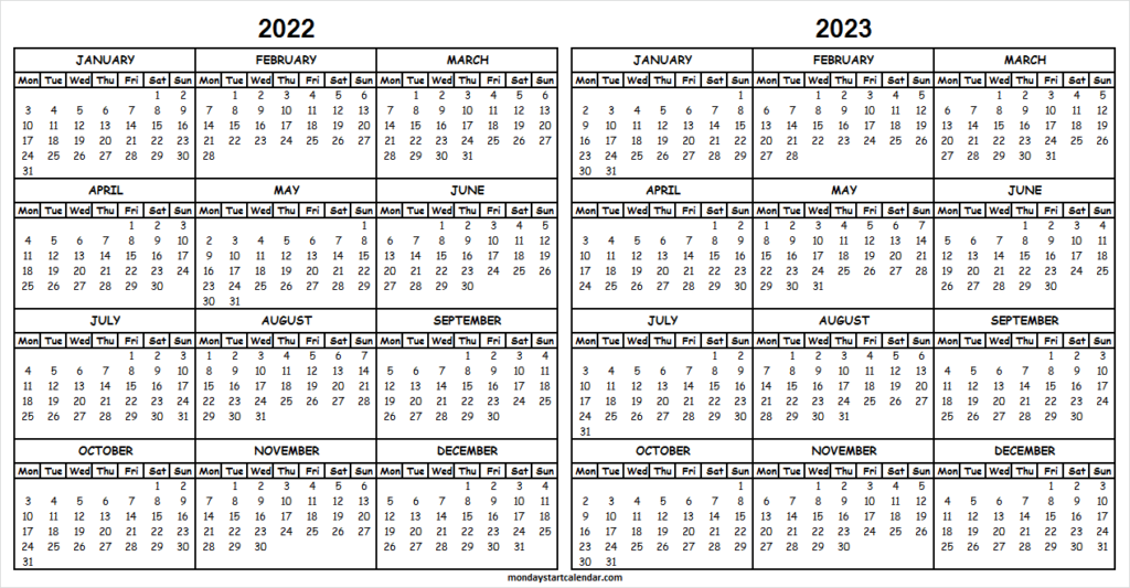 Printable Calendar For 2022 And 2023 Blank Two Year Calendar