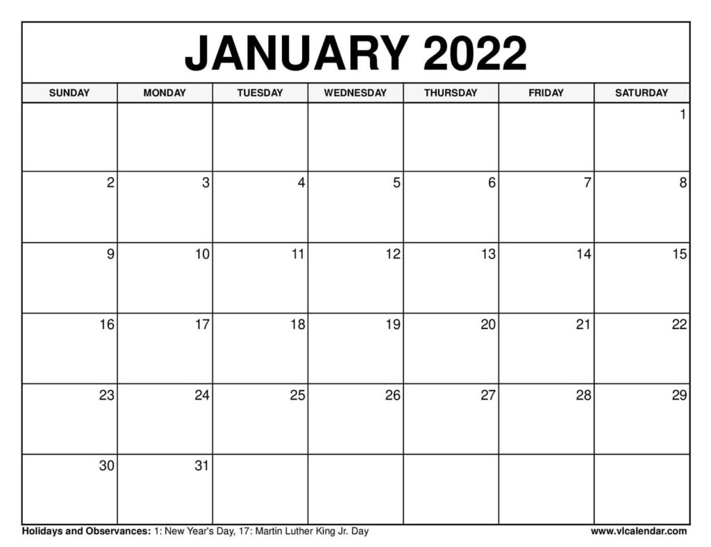 Printable January 2022 Calendar Templates With Holidays VL Calendar