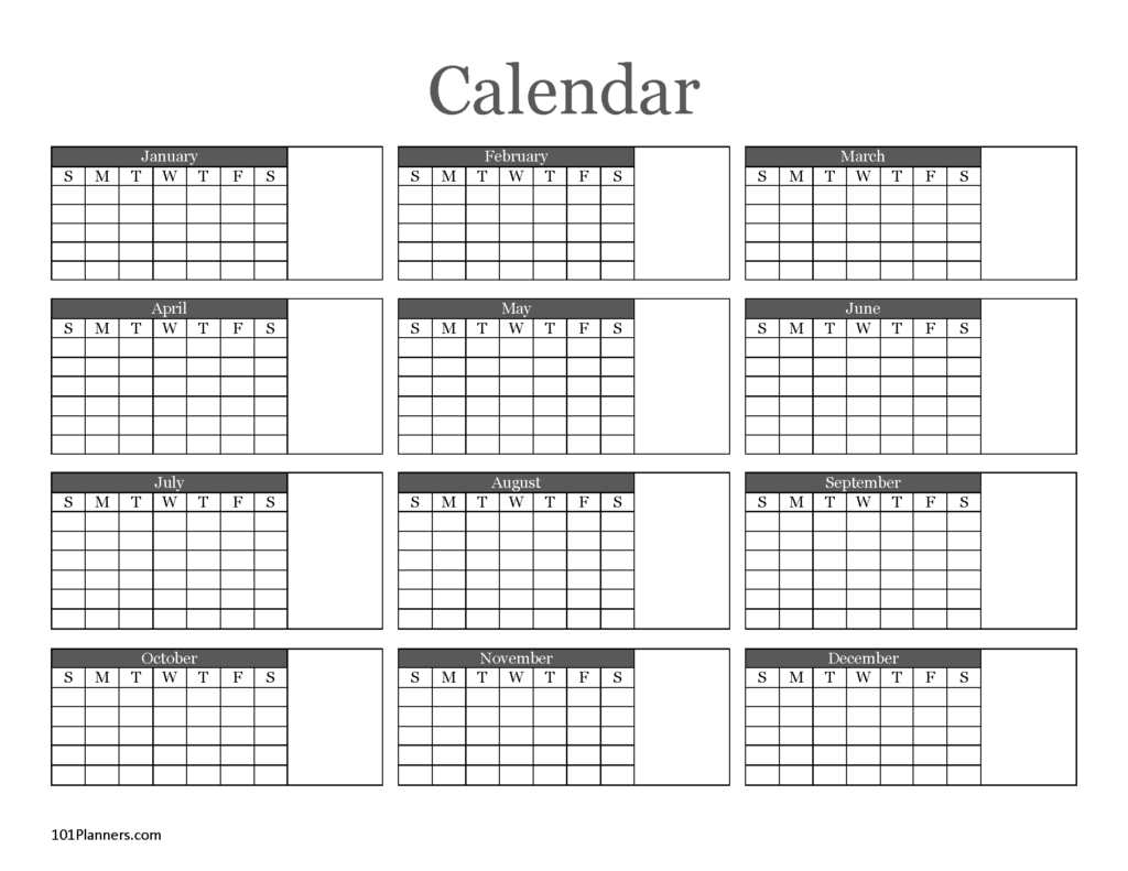 Yearly Blank Calendar Microsoft Word Editable PDF And Image Files