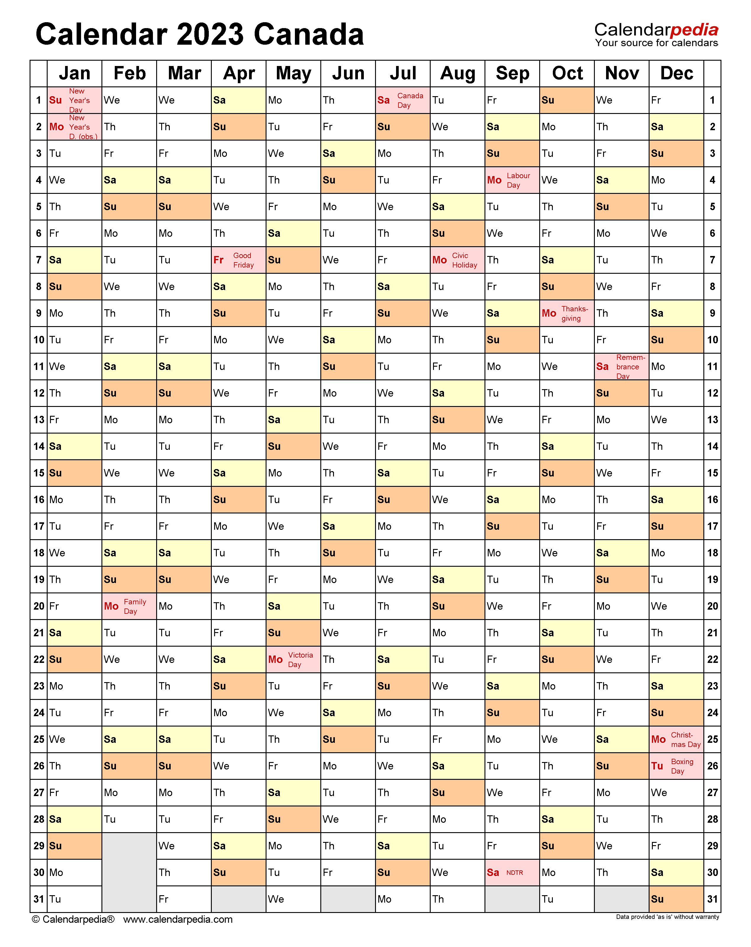 Canada Calendar 2023 Free Printable Word Templates