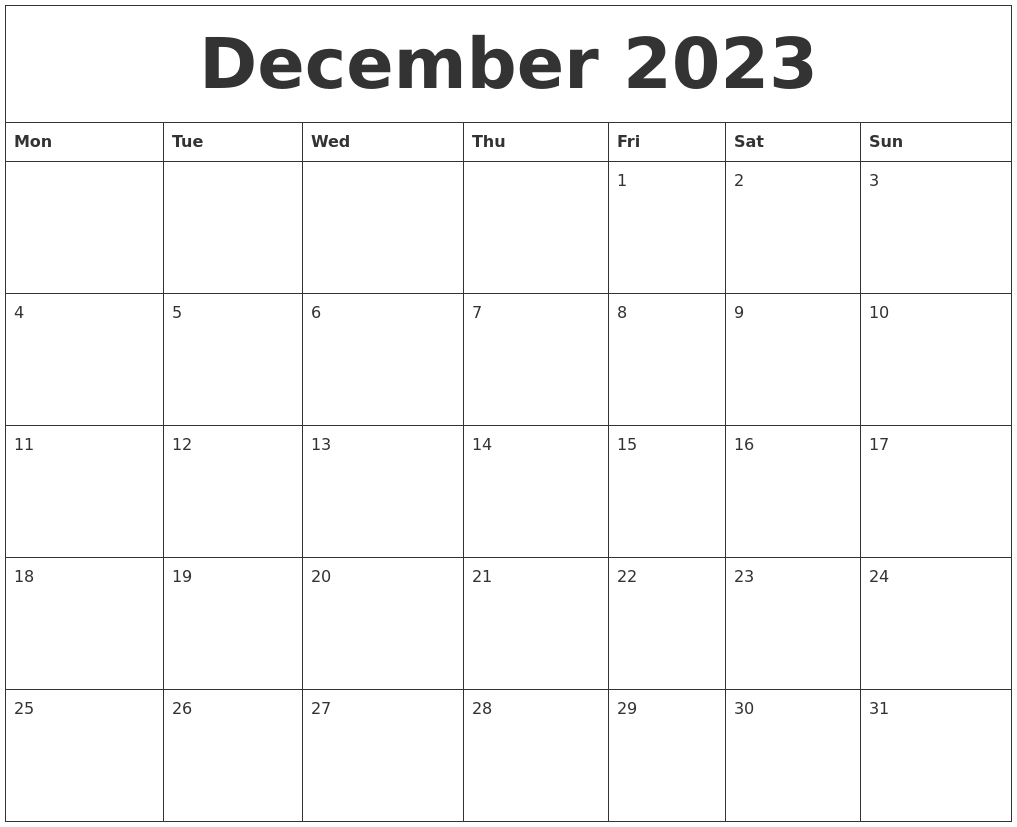 December 2023 Calendar Blank