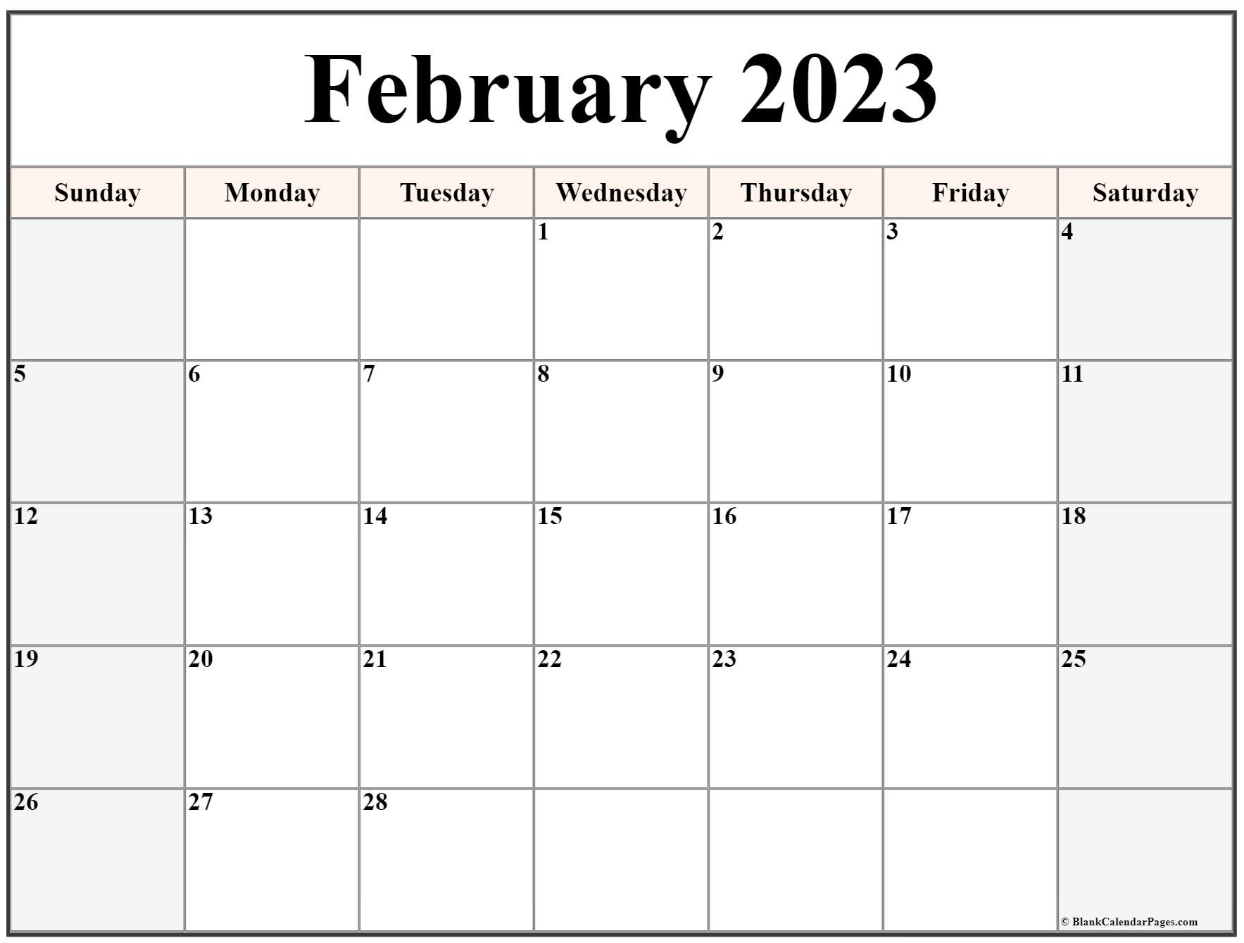 Blank Editable February 2023 Calendar 2023