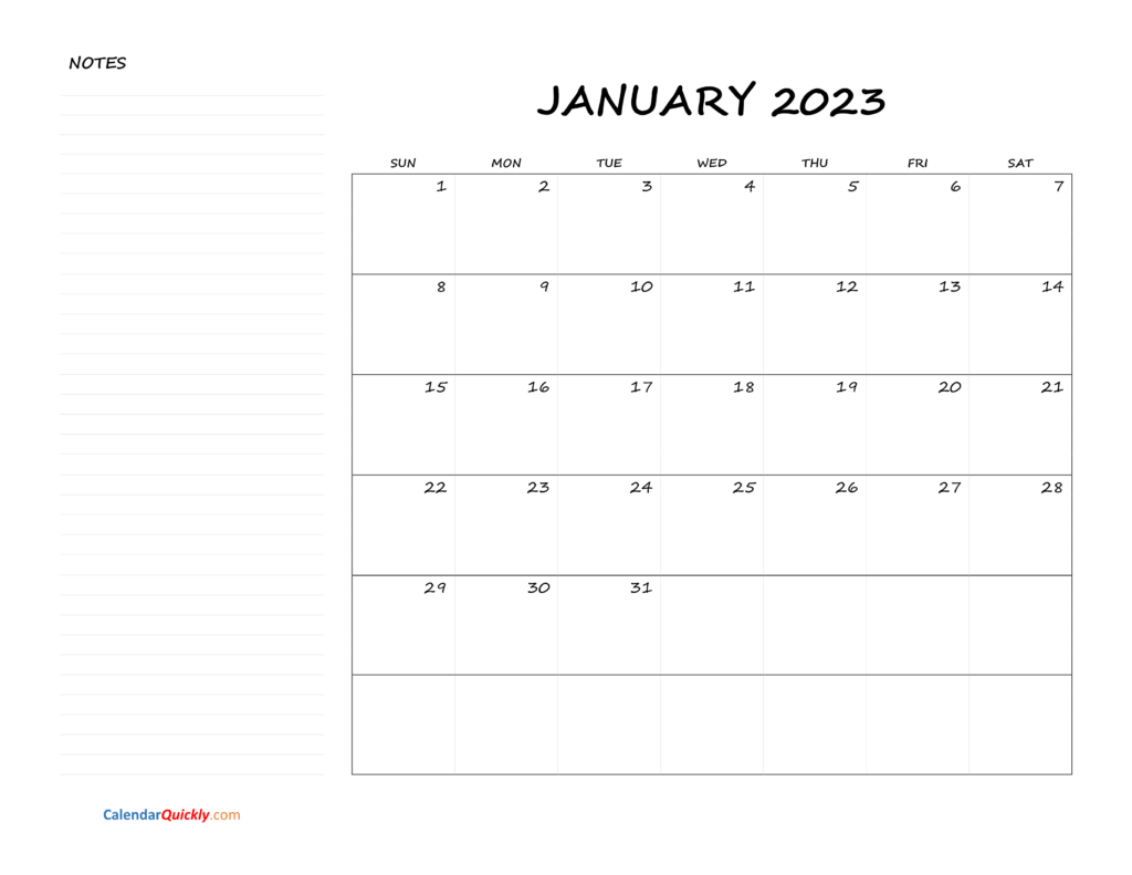 Monthly Blank Calendar 2023 With Notes Calendar Quickly