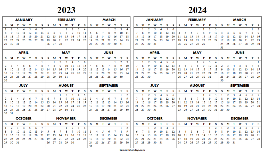 2023 2024 Calendar Template Printable Blank Two Year Calendar