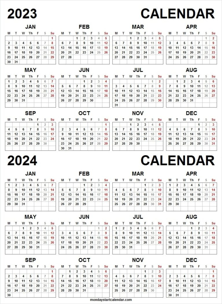 2023 And 2024 Academic Calendar Printable Blank Two Year Calendar