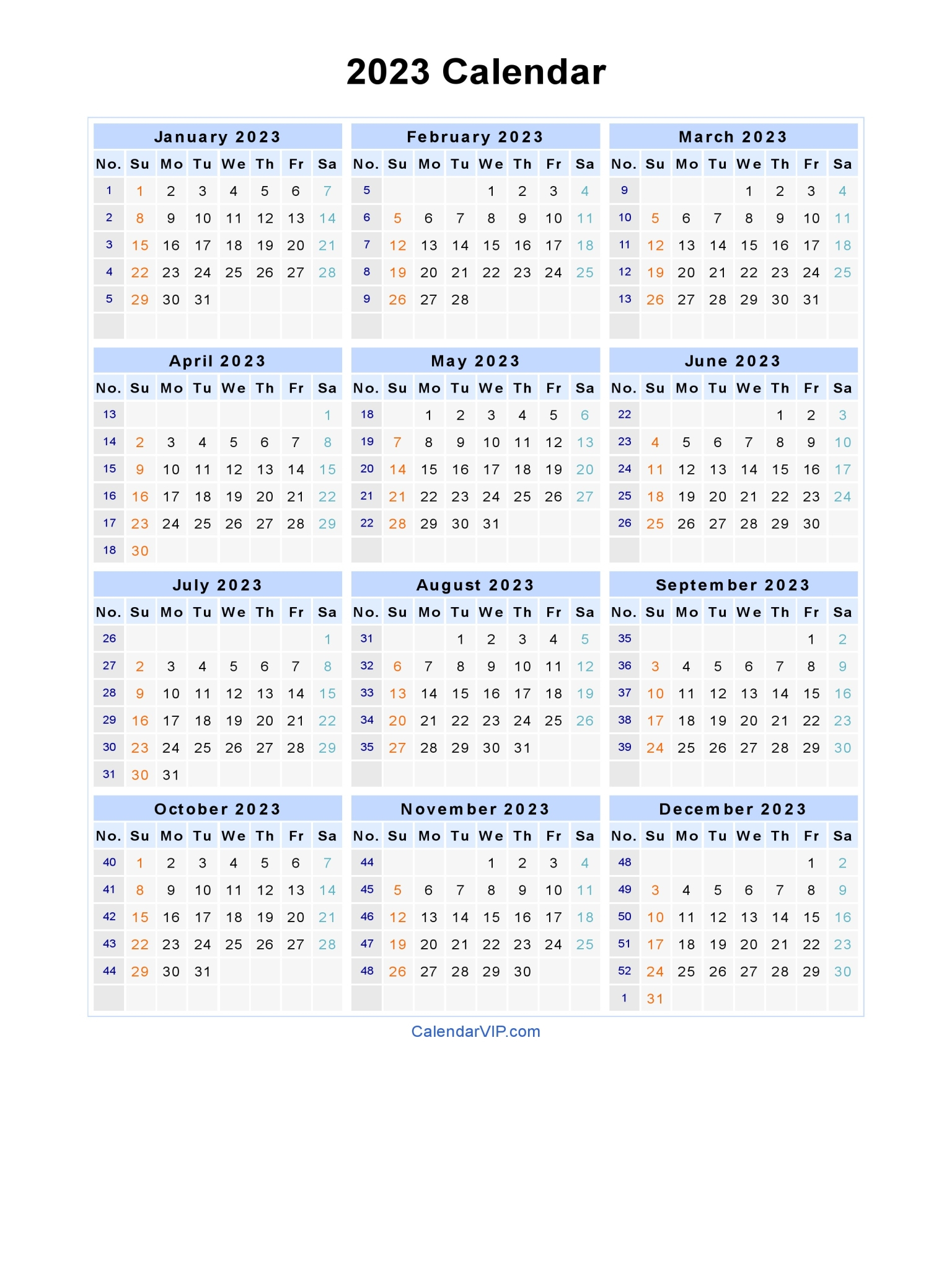 2023 Calendar Blank Printable Calendar Template In PDF Word Excel