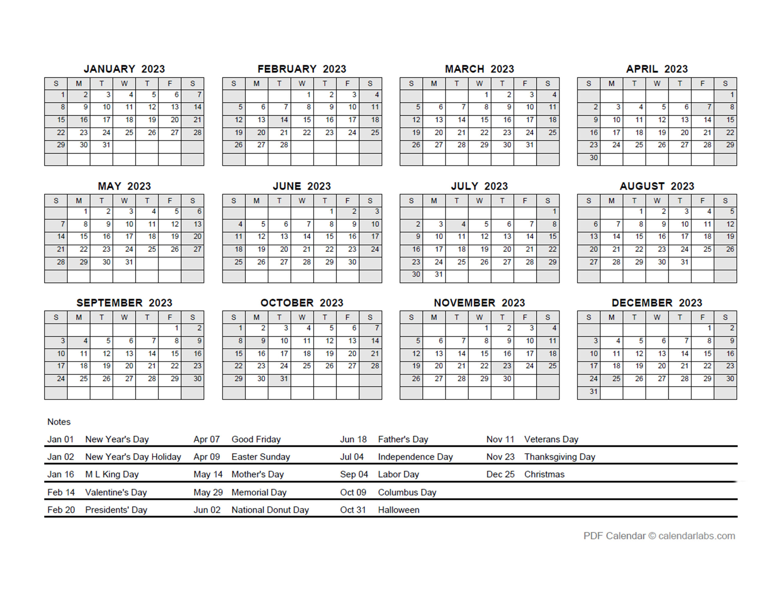 2023 PDF Yearly Calendar With Holidays Free Printable Templates