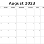 August 2023 Blank Monthly Calendar