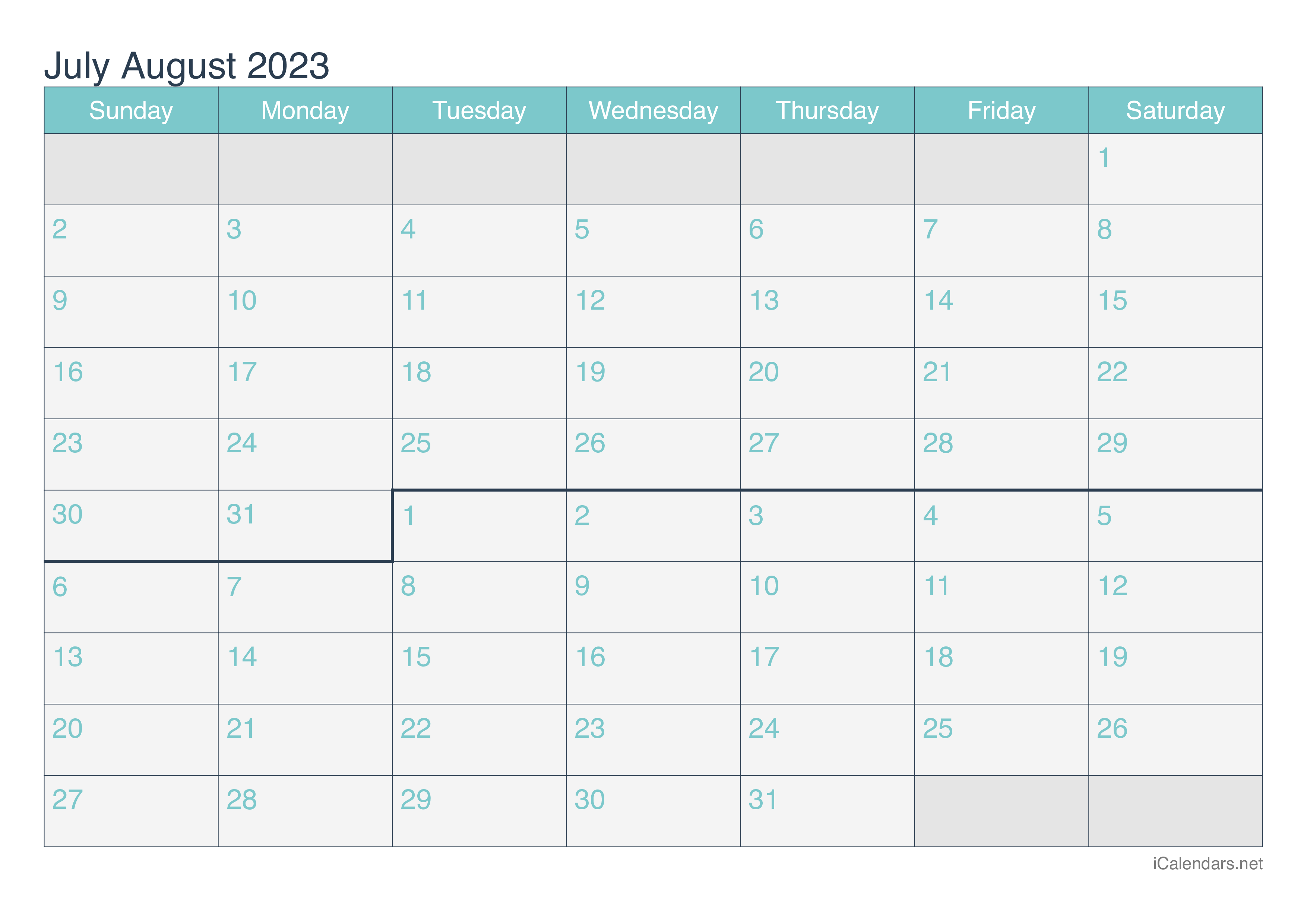 July And August 2023 Printable Calendar Icalendars