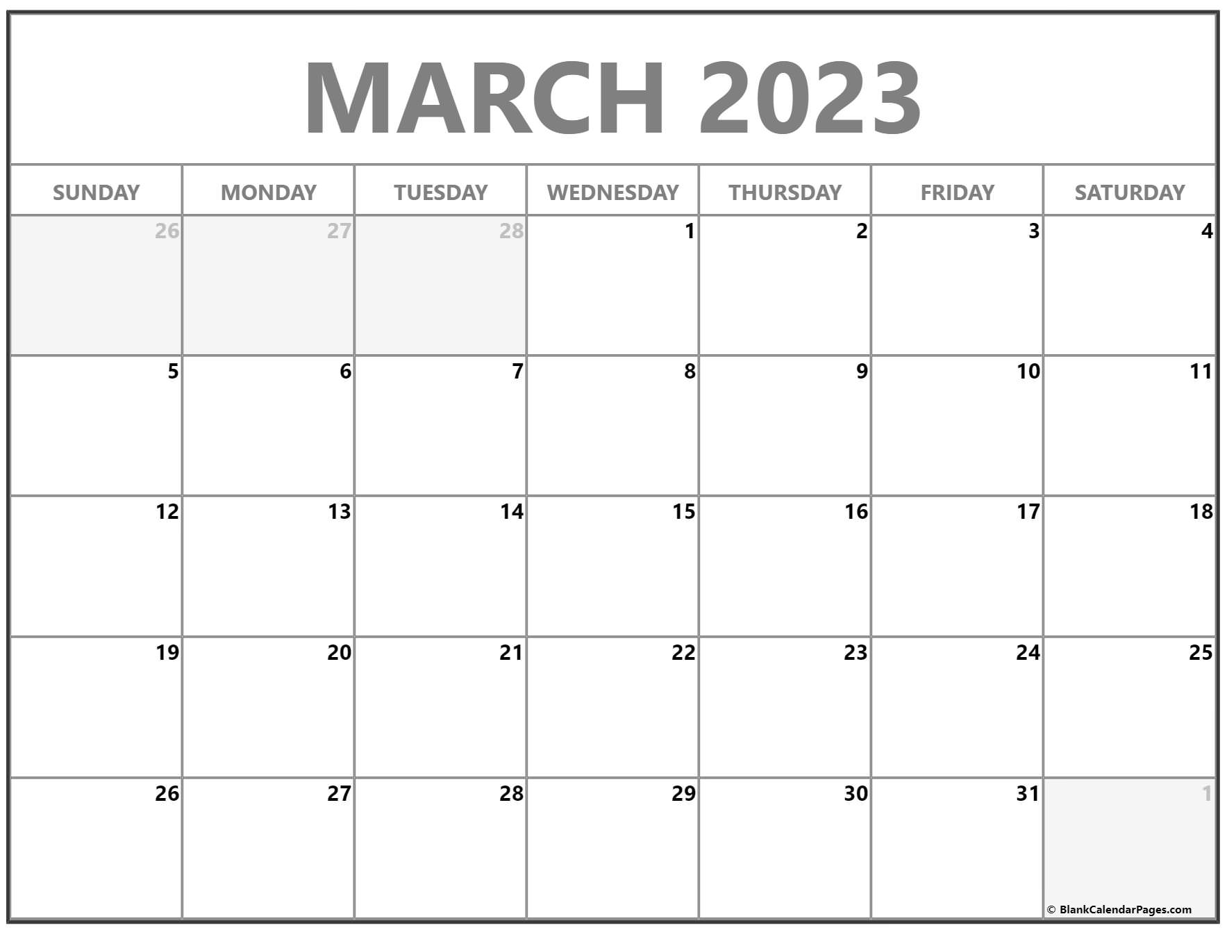 Blank March 2023 Calendar Free Printable 2022