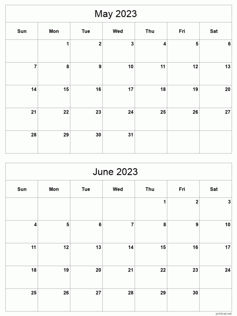 May To June 2023 Printable Calendar Two Months Per Page Printable 