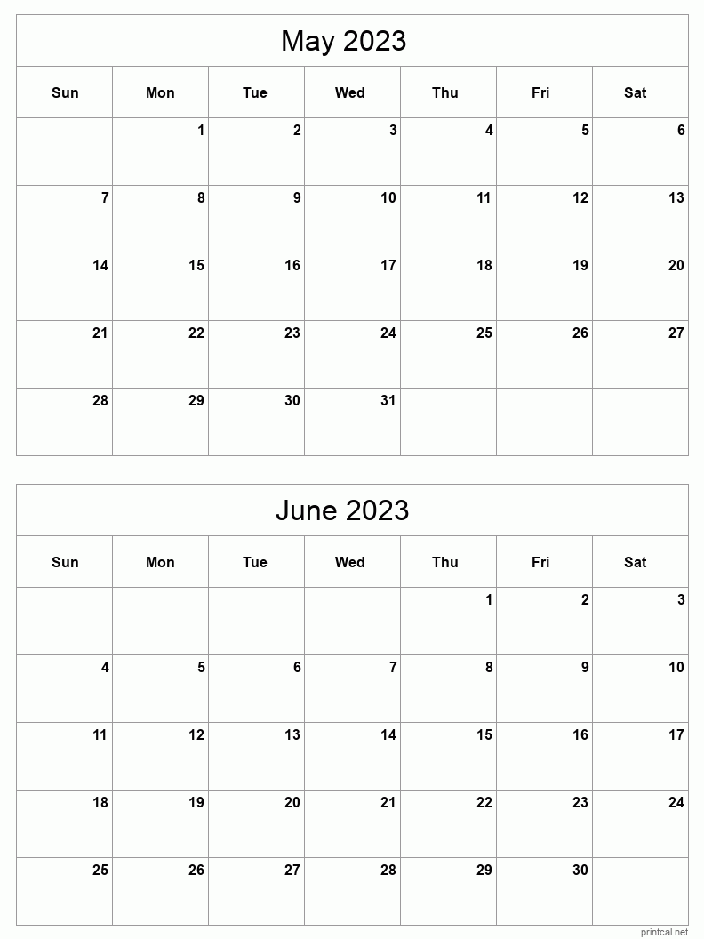 May To June 2023 Printable Calendar Two Months Per Page Printable