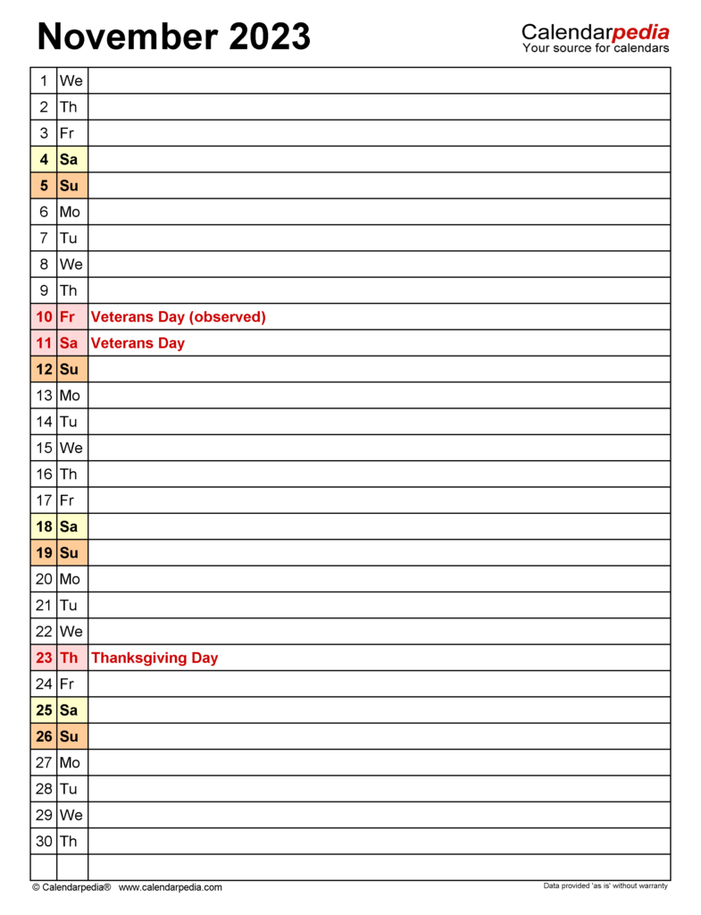 November 2023 Calendar Templates For Word Excel And PDF