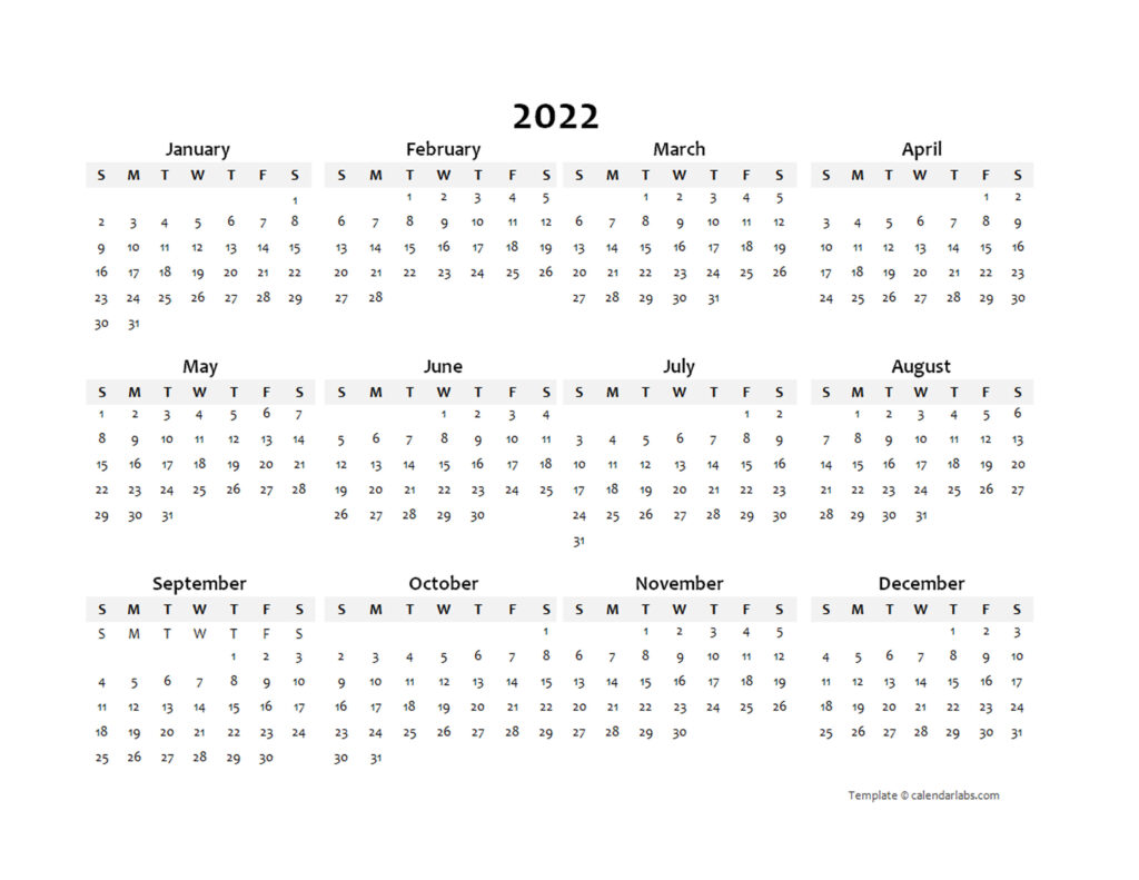 Printable Calendar Year 2022 Editable 2022 Yearly Calendar Landscape 