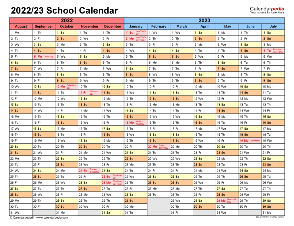 School Calendars 2022 2023 Free Printable Word Templates