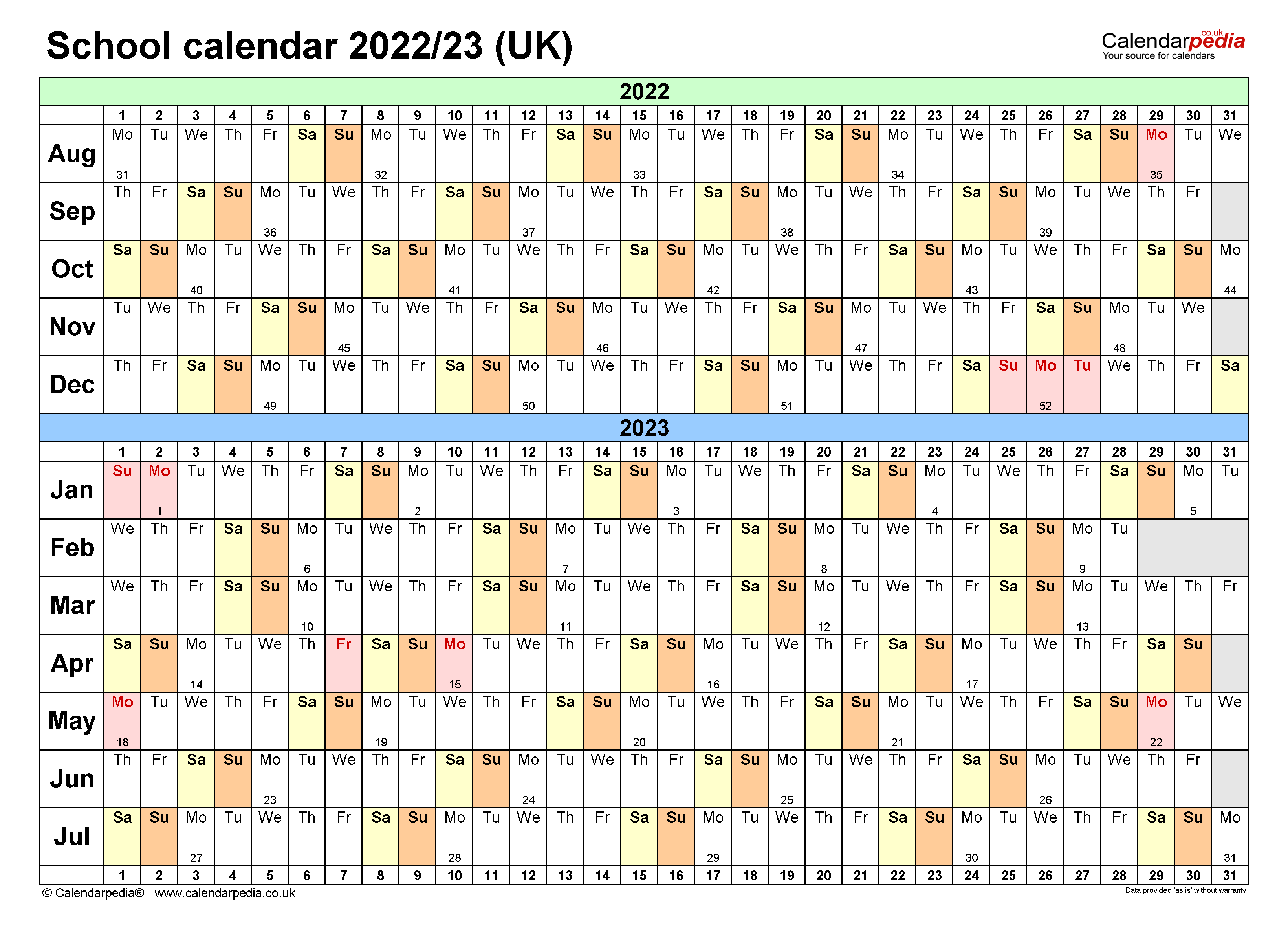 School Calendars 2022 23 UK Free Printable Word Templates