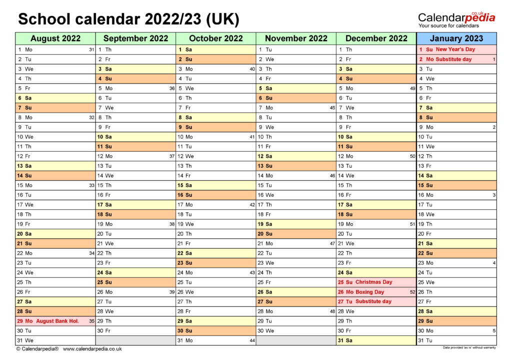 School Calendars 2022 23 UK Free Printable Word Templates