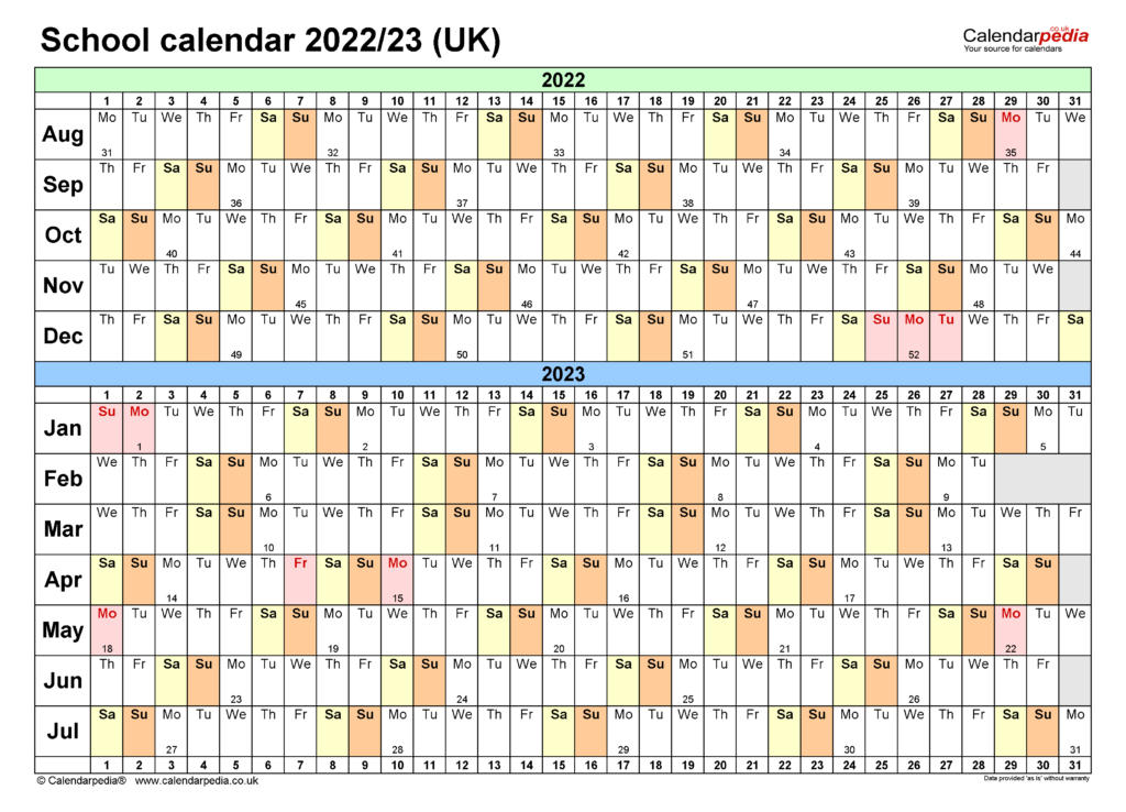 School Calendars 2022 23 UK Free Printable Word Templates