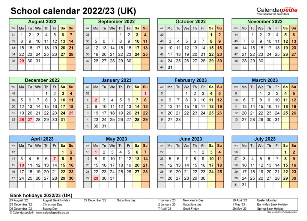 School Calendars 2022 23 UK Free Printable Word Templates